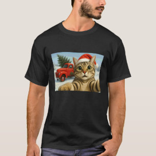 Camiseta Gato de Natal Selfie com Cena de Inverno de Caminh