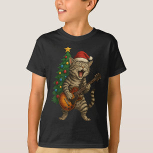 Camiseta Gato De Natal Tocando Violão Rock E Roll Star Ca