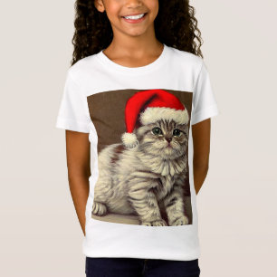 Camiseta Gato de Natal Vintage Usando Chapéu de Papai Noel