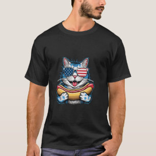 Camiseta Gato de Óculos de Sol Cachorro-Quente 4 de Julho P