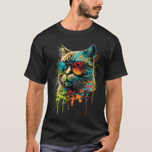 Camiseta Gato De Óculos De Sol Estampa Abstrata Arco-íris M