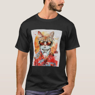 Camiseta Gato de Óculos de Sol Estilo Japonês Artístico Vin