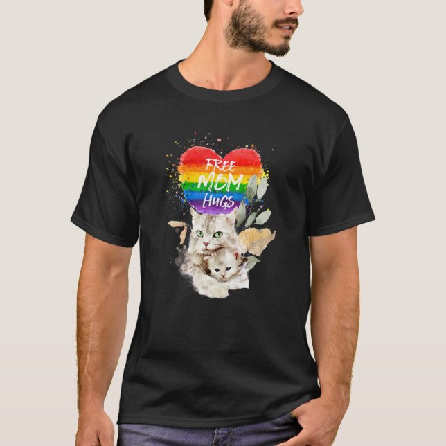 Camiseta Gato De Orgulho LGBT Mama Gato E Gatinho Livres Ma (Frente)