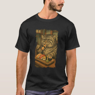 Camiseta Gato de Pallas Manul Come Sushi Japonês Vintage