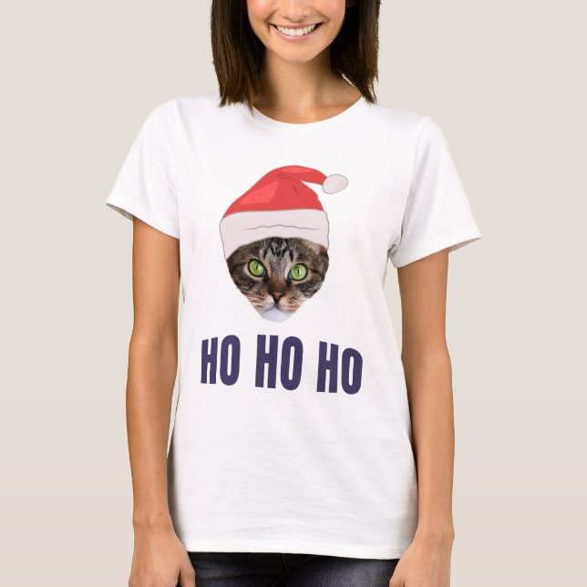 Camiseta Gato de papais noeis com chapéu de Papai Noel, Ho  (Frente)