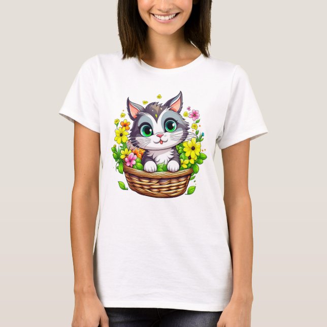 Camiseta Gato de Páscoa primavera em Flores (Frente)