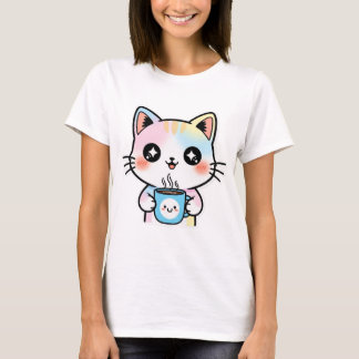 Camiseta Gato de Pastel Kawaii Bonito com Vinheta de Café