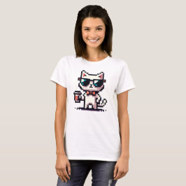 Camiseta Gato de Pixel legal com Café - Felino Retro de 8 B