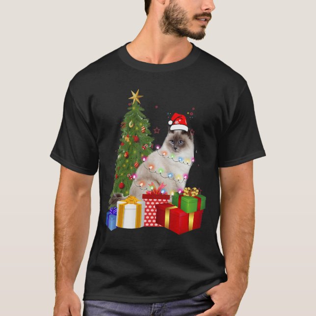 Camiseta Gato De Ragdolas Com A Luz De Árvore De Natal Do P (Frente)