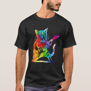 Camiseta Gato de Rocha Colorido Tocando Guitarra Engraçado