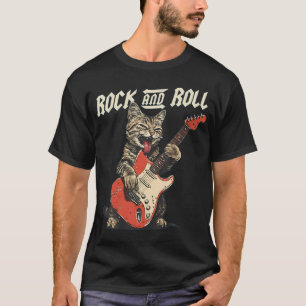 Camiseta Gato de Rock And Roll Tocando Guitarra Humor Músic