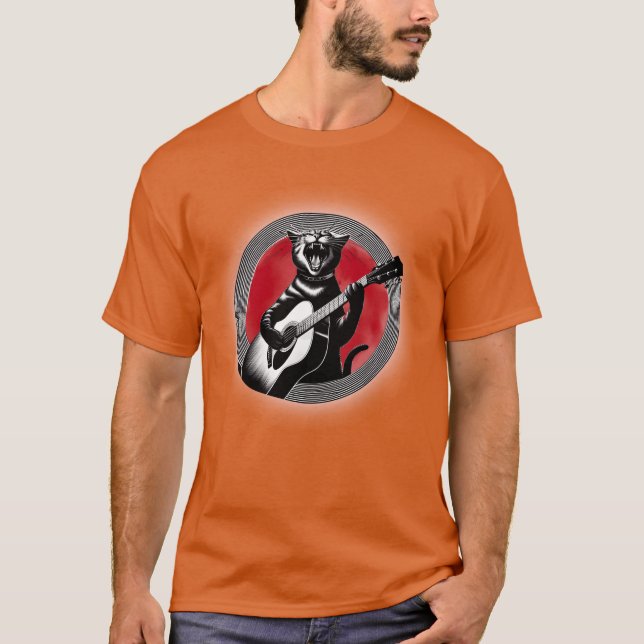 Camiseta Gato de Rock Tocando Guitarra sob a lua vermelha a (Frente)