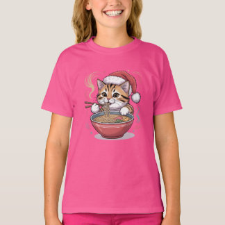 Camiseta Gato de Santa Comendo Ramen Fofinho Gatinho de Nat