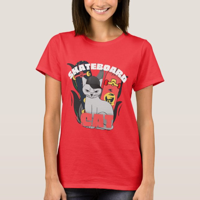 Camiseta gato de skate simples e bonito (Frente)