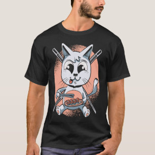 Camiseta Gato de Sushi Prato Japonês Gato Comilão Rolinhos 