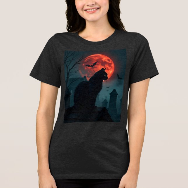 Camiseta Gato De Telhado Louco Sob Lua De Sangue (Frente)