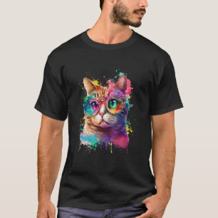 Camiseta Gato de Tintas Multicoloridas Kitten Aquarela