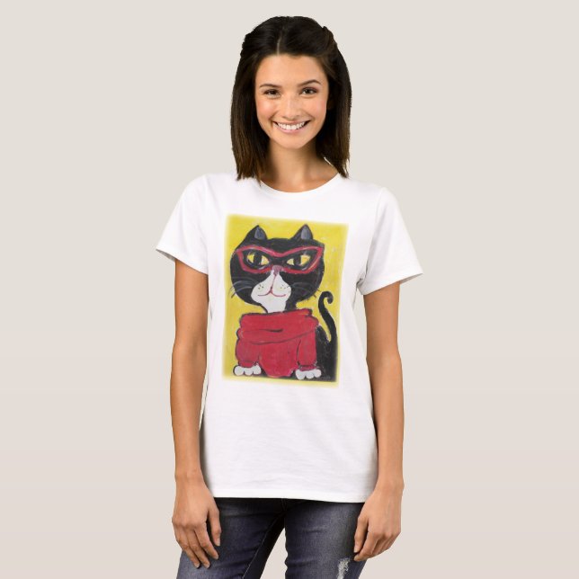 Camiseta Gato de Turtleneck Pintado com hipster (Frente Completa)