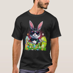 Camiseta Gato de Tuxedo Fofo & Orelhas de Coelho no Ovo de