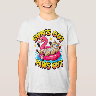Camiseta Gato de Verão Flamingo Flutuante Divertido — Patas
