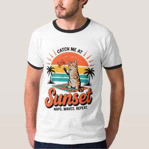 Camiseta Gato de Verão Retro Pôr do Sol - Gatinho Divertido
