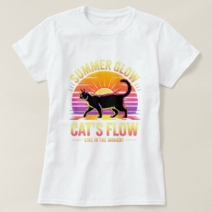Camiseta Gato de Verão Retro Pôr do Sol - Vibrações de Prai