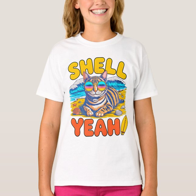 Camiseta Gato de Verão Shell Yeah - Presente de Gato de Pra (Frente)