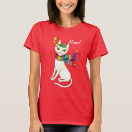 Camiseta gato decorativo branco em um chapéu e cachecol em