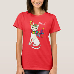 Camiseta gato decorativo branco em um chapéu e cachecol em 