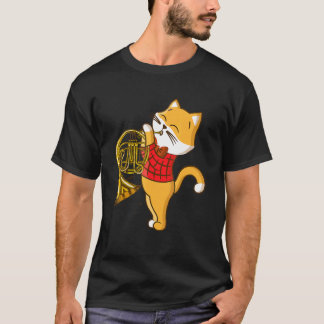 Camiseta Gato Desfrutando do Instrumento Musical Trompa