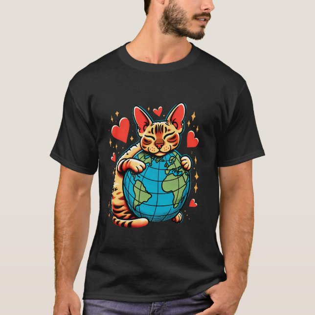 Camiseta Gato Devon Rex Dia da Terra Abraço Amor Dono Plane (Frente)