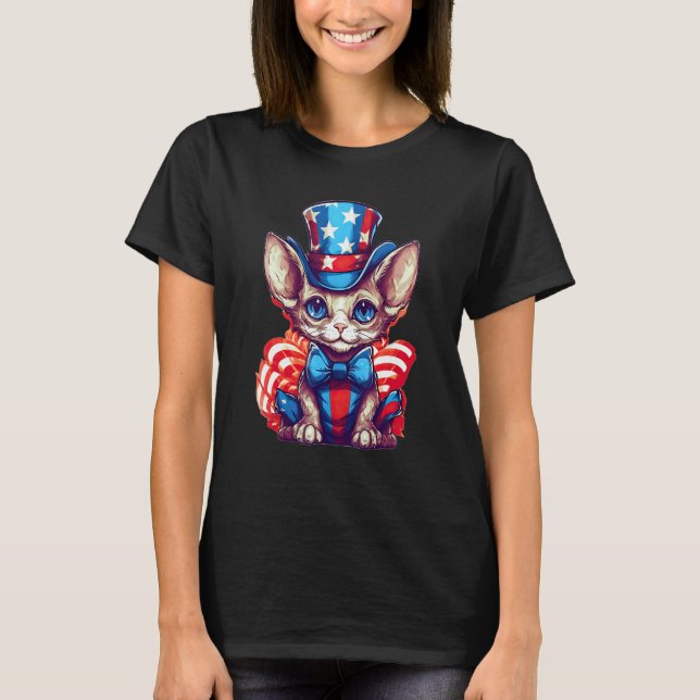 Camiseta Gato Devon Rex Patriótico de 4 de Julho (Frente)