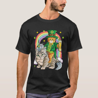 Camiseta Gato Dia de São Patrício Duende Montando Caticórni