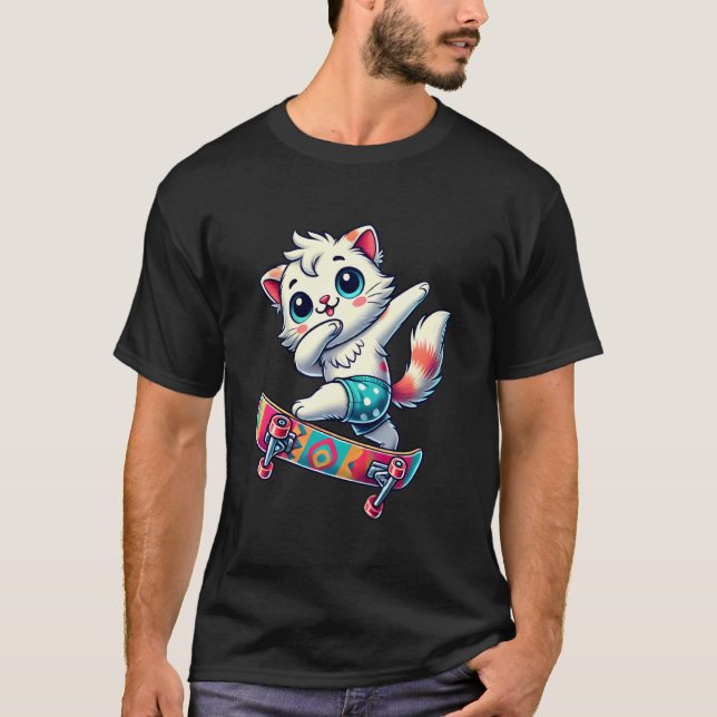Camiseta Gato Divertido com Skate Fazendo Dab em Deck Vibra (Frente)