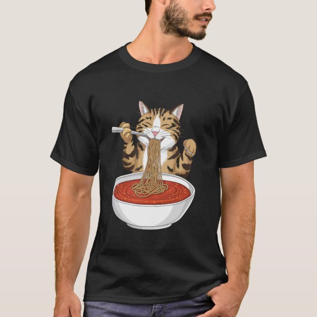 Camiseta Gato Divertido Comendo Espaguete Meme (Frente)
