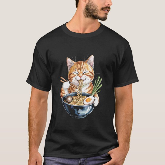 Camiseta Gato Divertido Comendo Macarrão Ramen 02 (Frente)