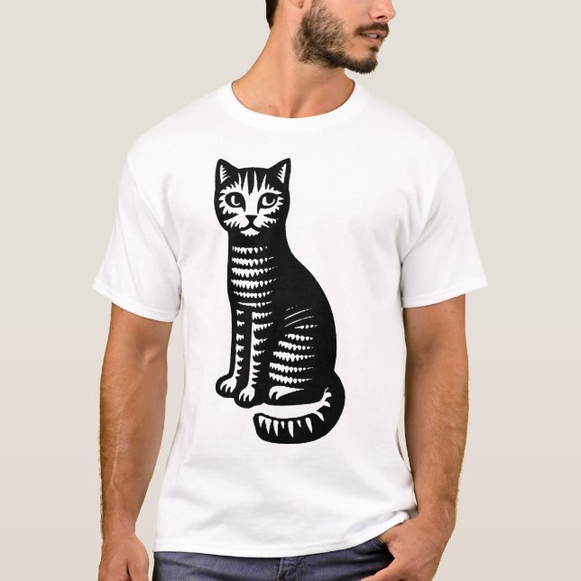 Camiseta Gato Divertido Estilo Xilogravura (Frente)