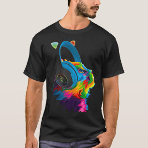 Camiseta Gato DJ Colorido Brilhante Com Fones de Ouvido Tec