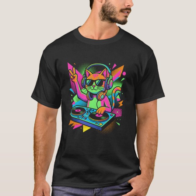 Camiseta Gato DJ engraçado com fones de ouvido Techno Beat  (Frente)