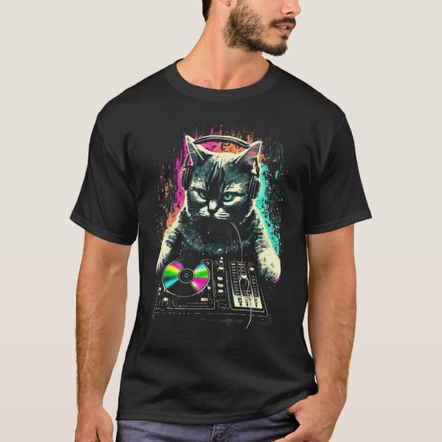Camiseta Gato DJ Engraçado Tocando Riffs Felinos (Frente)