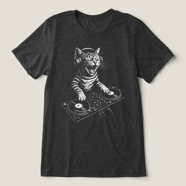 Camiseta Gato DJ Retro Arranhando Vinil (Design frontal)