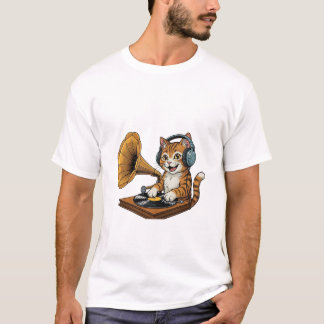 Camiseta Gato DJ Vintage com Toca-Discos Gramofone