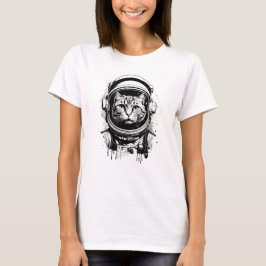 Camiseta Gato do Astronauta Negro e Branco