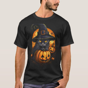 Camiseta Gato do Dia das Bruxas Chapéu de Bruxa Abóbora Ass