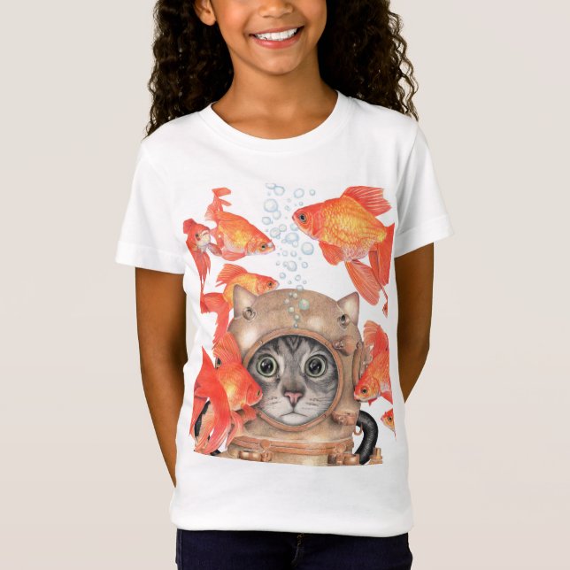 Camiseta Gato do mergulhador entre os peixes (Frente)