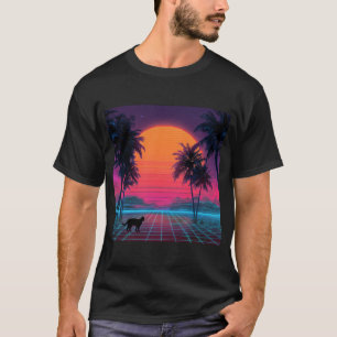 Camiseta Gato do Pôr do Sol Neon na Costa Cibernética