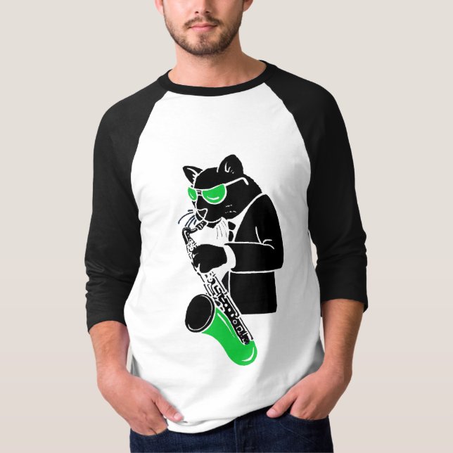 Camiseta Gato do saxofone de conteúdo - verde (Frente)