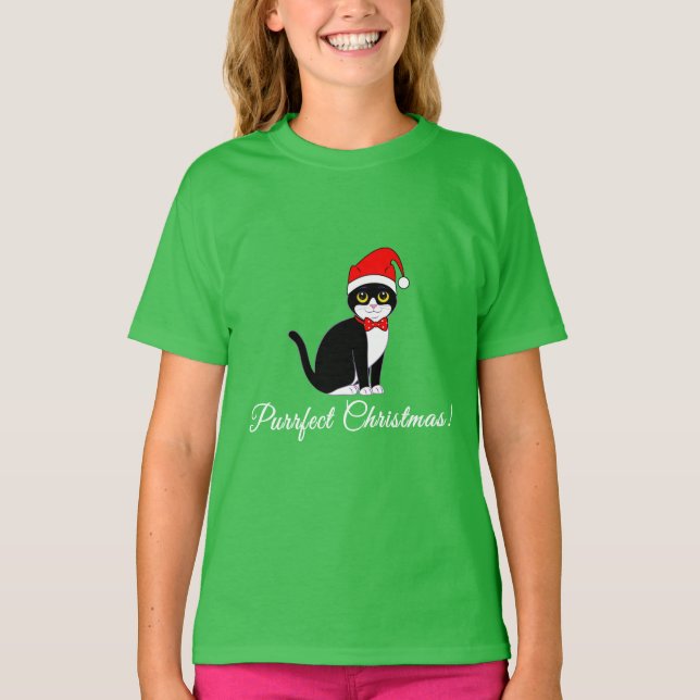 Camiseta Gato do smoking do Natal de Purrfect no chapéu do (Frente)