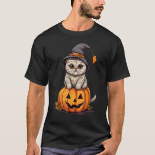 Camiseta Gato Dobrado Escocês de Halloween Bruxa Chapéu Abó
