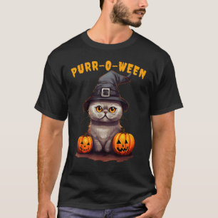 Camiseta Gato Dobrado Escocês de Halloween Chapéu de Bruxa